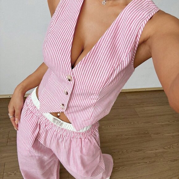 Multicolor Casual Women's Striped Sleeveless V-Neck Top And Pocket Pants Set - Picture 6 of 6